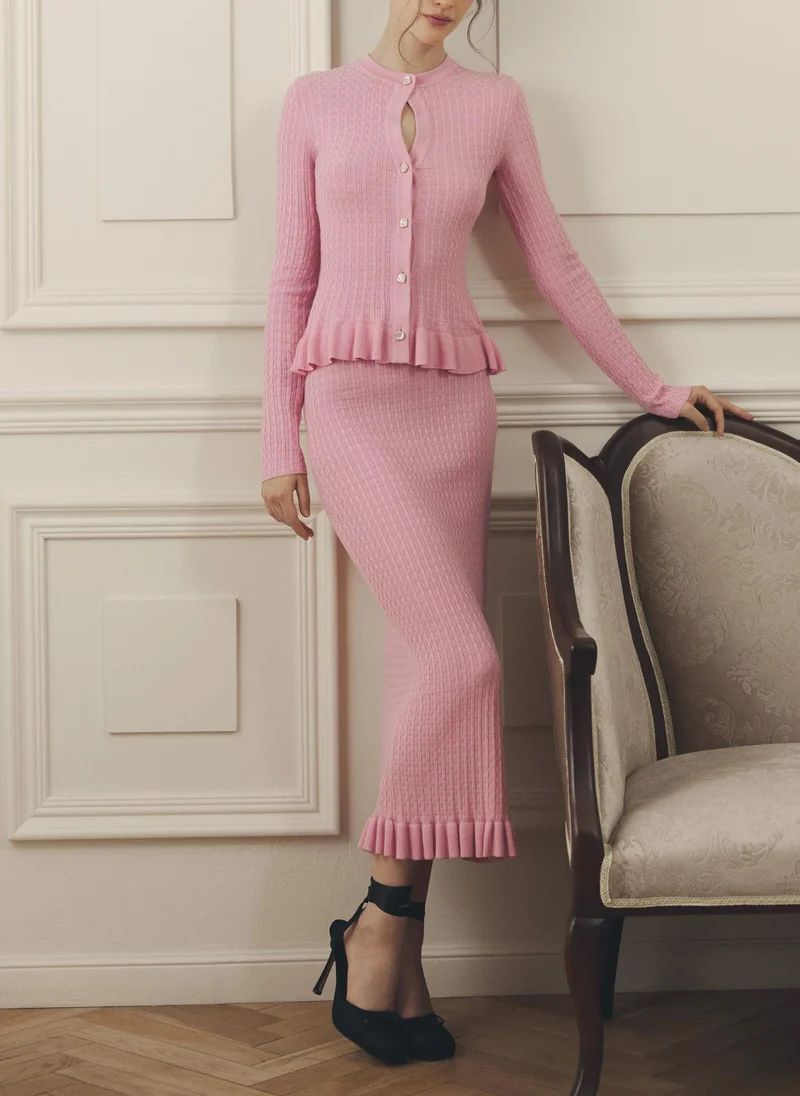 Lichi  Straight textured-knit midi skirt with ruffles for Women | Best Price UAE